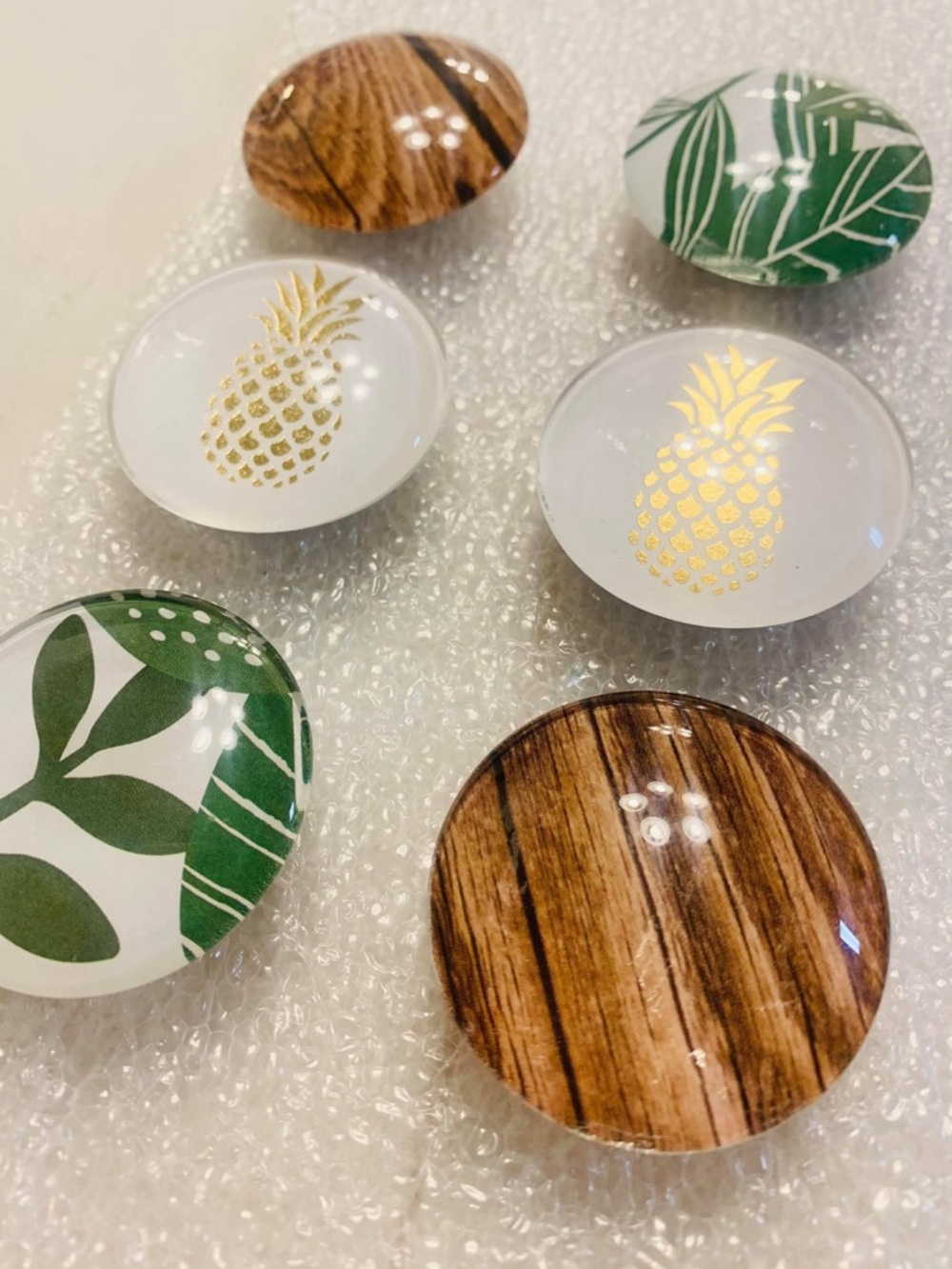 Glass Magnets: Island/Tropical Green Leaf, Gold Pineapple, & Wood Grain